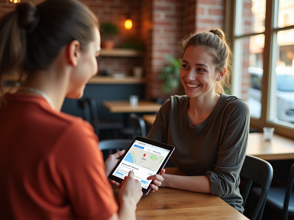 Two women sitting at a cafe table, one showing a tablet with a map to the other, smiling.