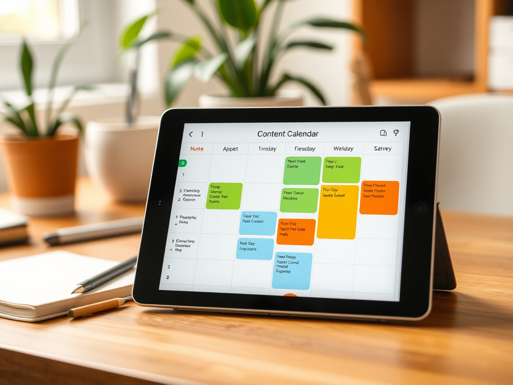 A tablet displaying a colorful content calendar on a wooden desk, surrounded by potted plants and stationery.