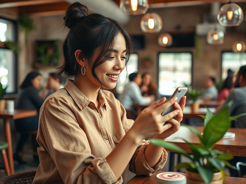 A young woman smiles as she types on her phone in a cozy cafe filled with people and plants.