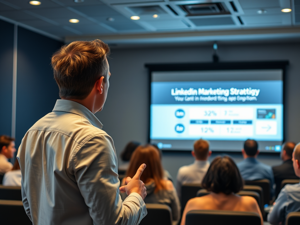 A man presents a LinkedIn marketing strategy to an audience in a conference room with a projection screen.