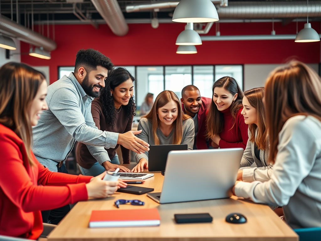 A diverse group of eight people collaborates around a laptop, sharing ideas and discussing in a bright office setting.