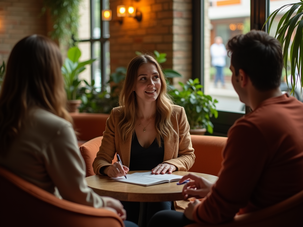 Three people engaged in a friendly conversation at a cozy cafe table.