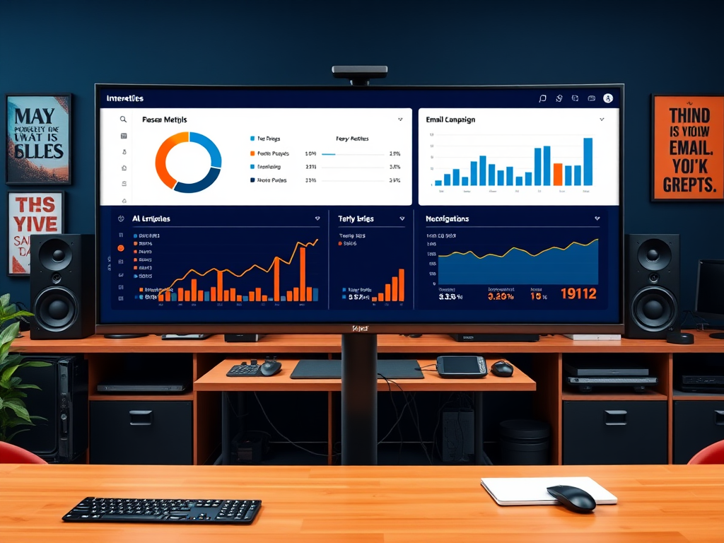 A large screen displays data analytics, charts, and graphs in a modern office setting with speakers and a desk.