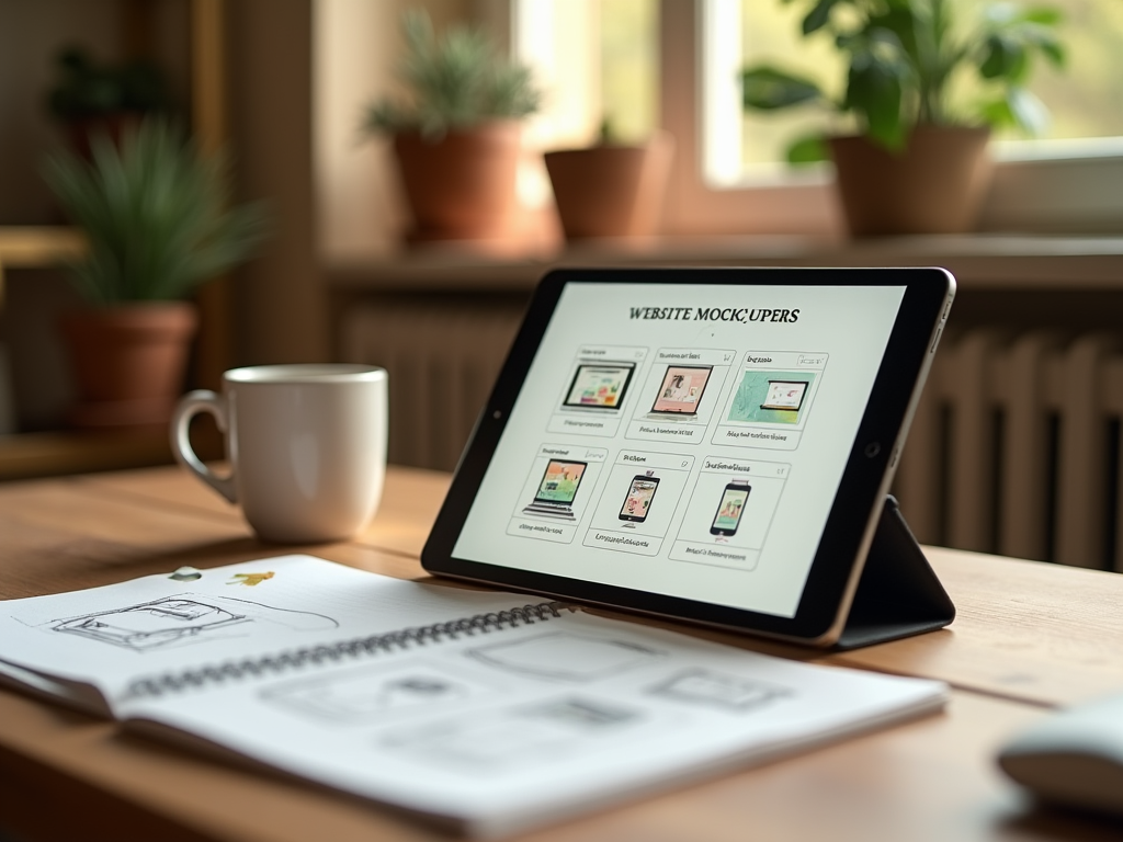 Tablet displaying website mockups, with a coffee cup, notebook, and sketch near indoor plants.