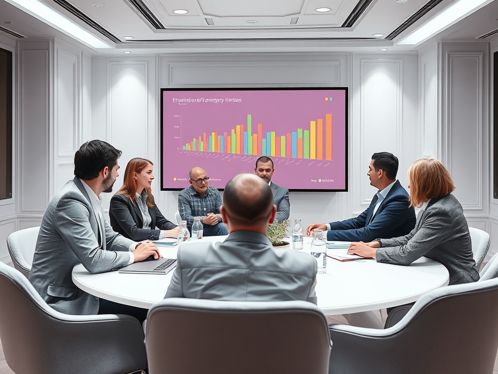 A business meeting in a modern conference room with a bar graph displayed on a screen. Participants are engaged in discussion.