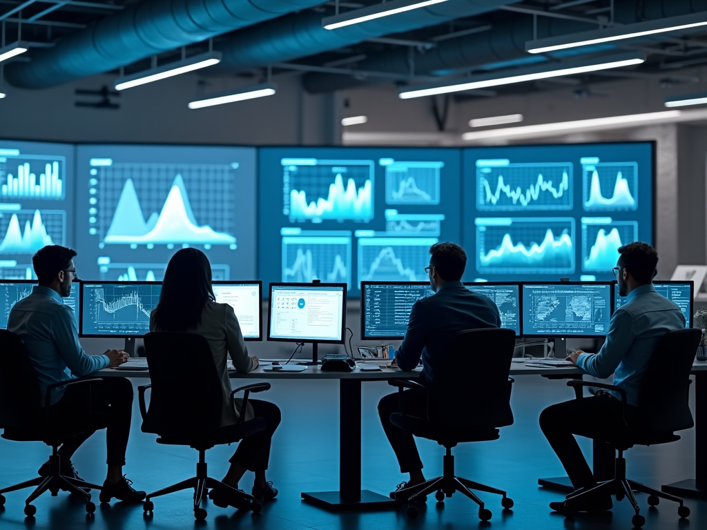 Four professionals analyzing data on multiple computer screens in a high-tech control room.