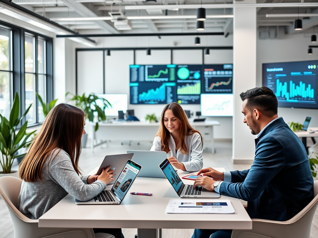 Three professionals collaborating in a modern office with multiple laptops and screens displaying data and graphs.