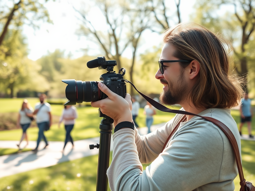 A man with long hair and sunglasses is photographing people in a sunny park with a DSLR camera on a tripod.