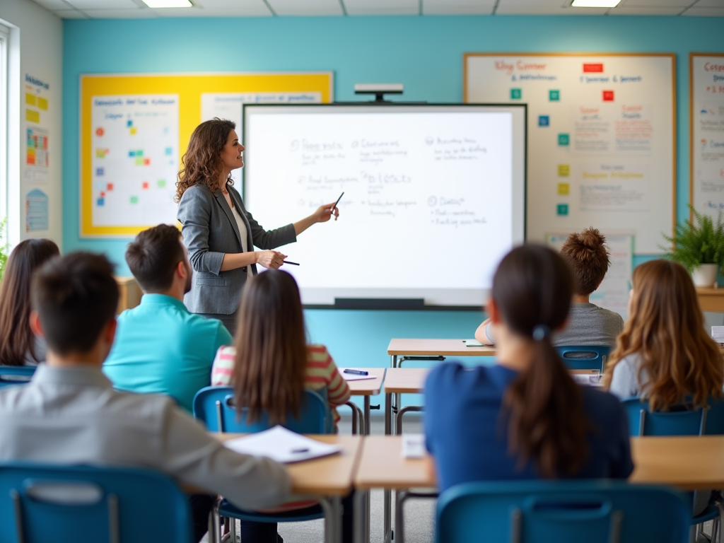 A teacher lectures a diverse group of students in a bright classroom with a whiteboard and educational posters.