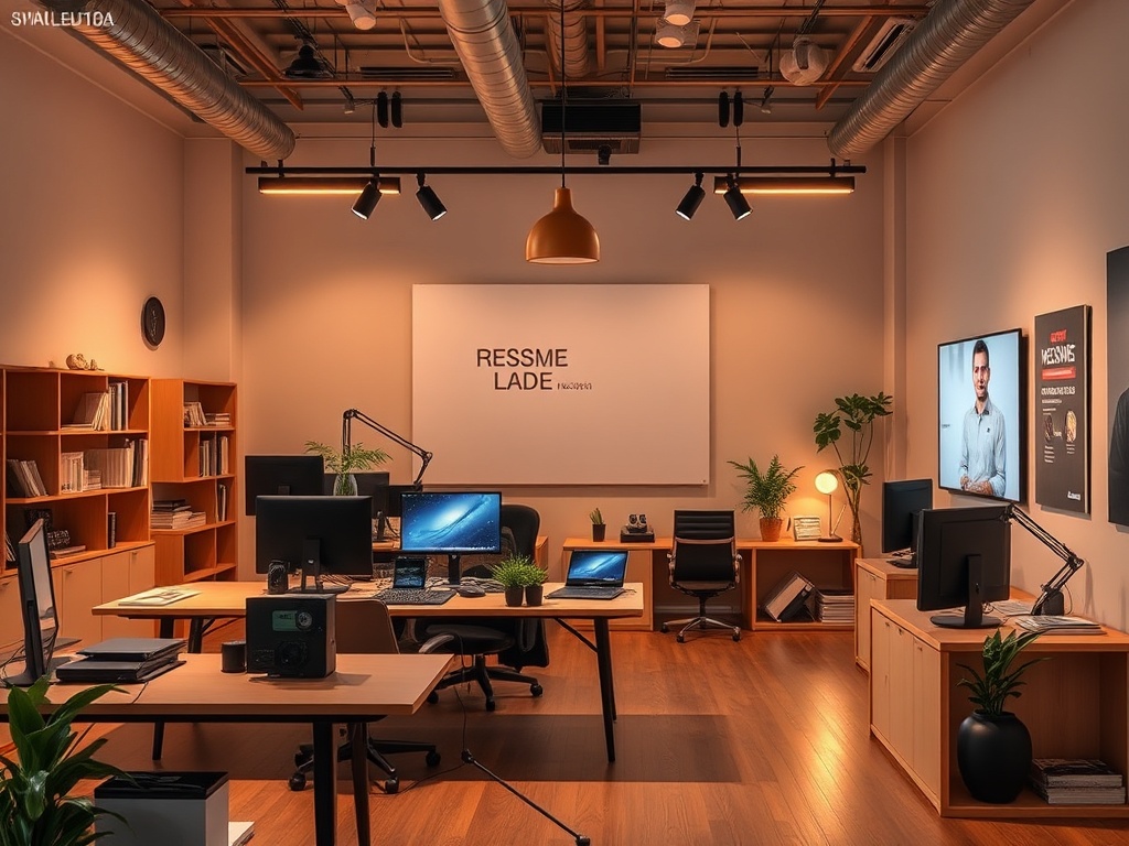 A modern office space with multiple desks, computers, plants, and a large screen displaying a person's image.