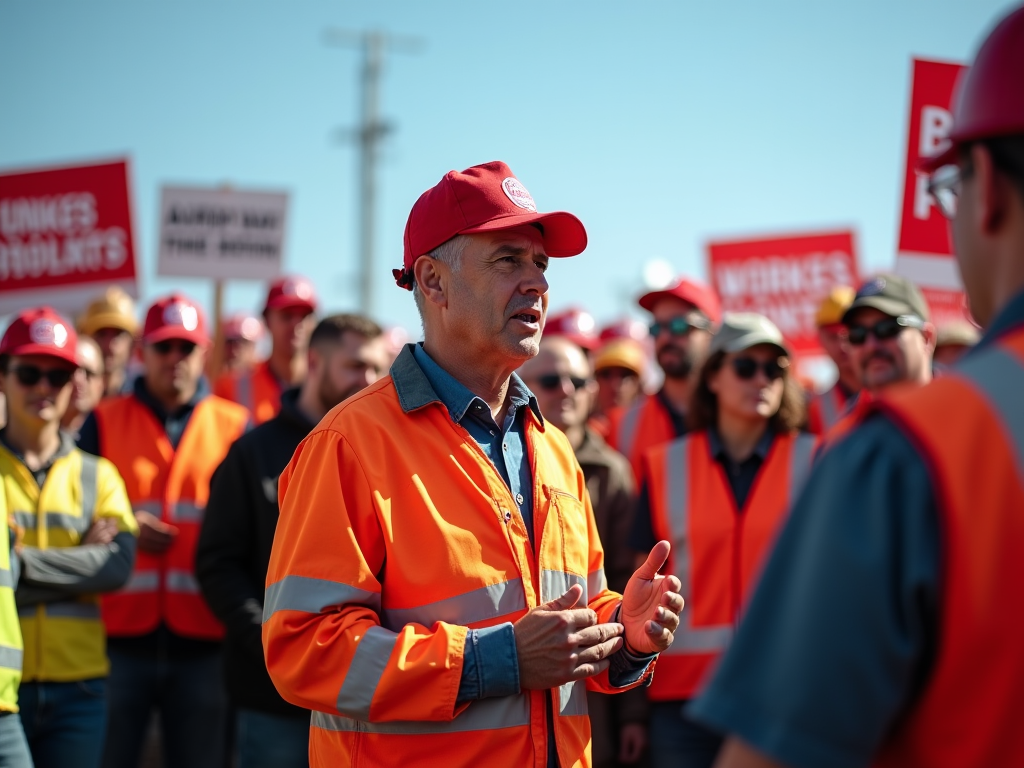 Two workers in orange hi-vis gear discuss, others with signs and hard hats in background.