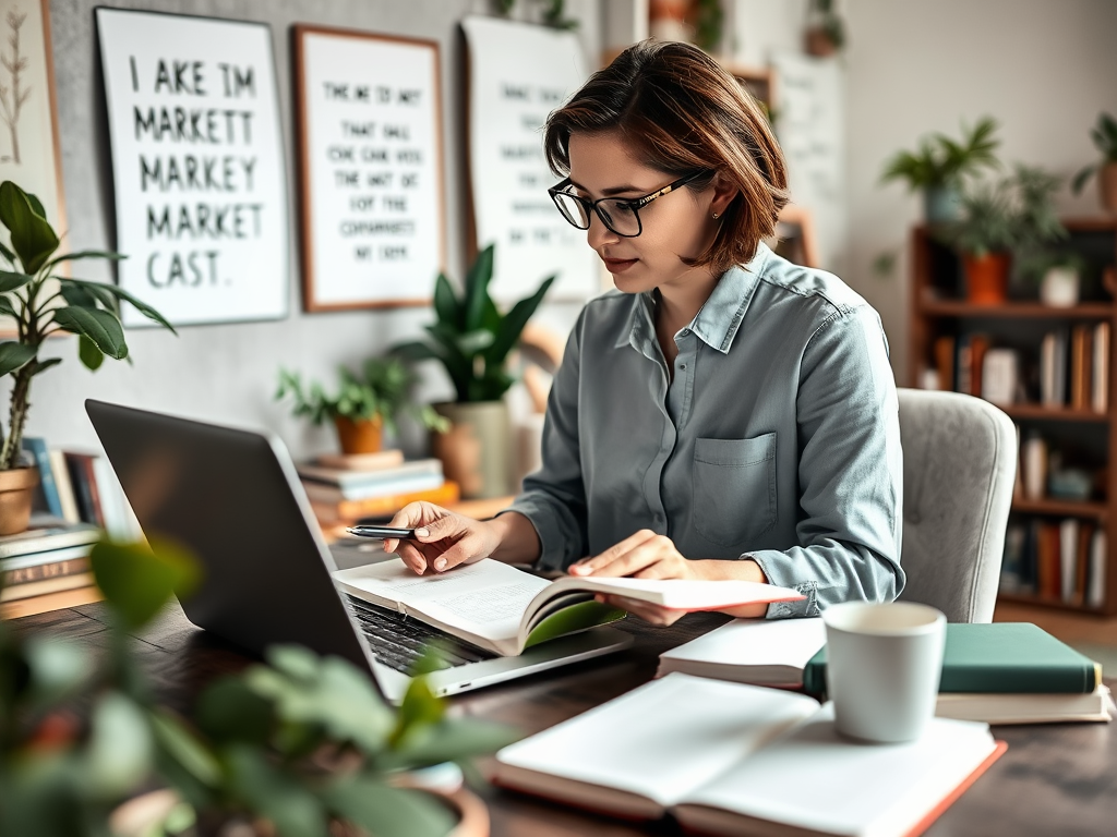 A focused woman with glasses studying at a desk with a laptop, books, and plants around her in a cozy workspace.