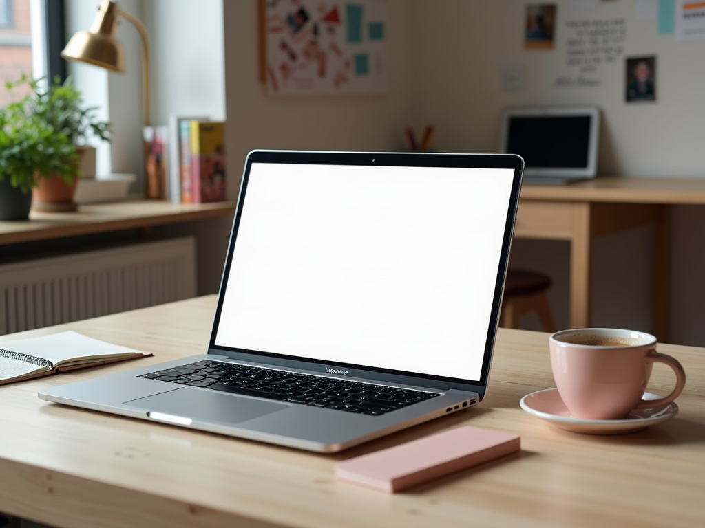 A laptop sits on a wooden desk beside a notebook, a pink notepad, and a cup of coffee in a cozy workspace.