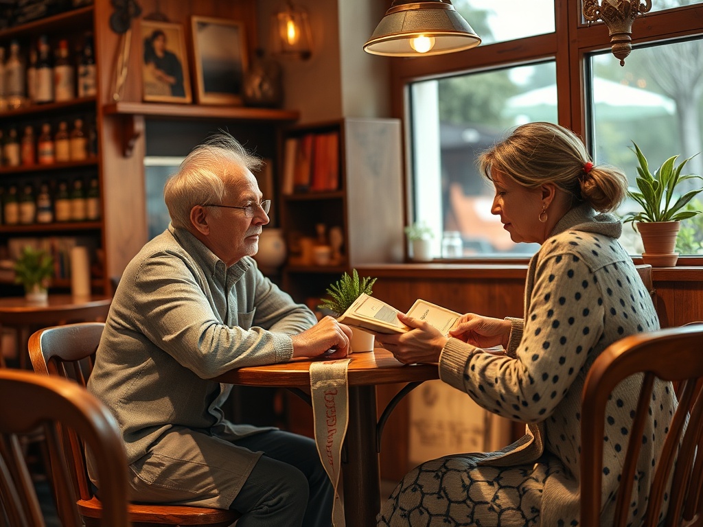 An elderly man and a woman sit at a café table, discussing menus with a warm, inviting atmosphere around them.