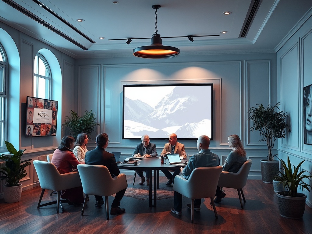 A group of professionals sit around a table in a modern conference room, discussing a presentation on a screen.