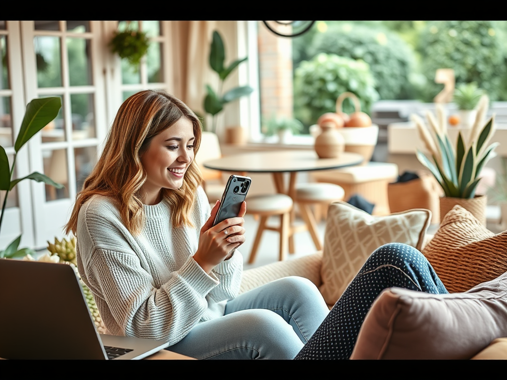 A woman smiles while using her phone in a cozy, sunlit living room with plants and comfortable furniture.