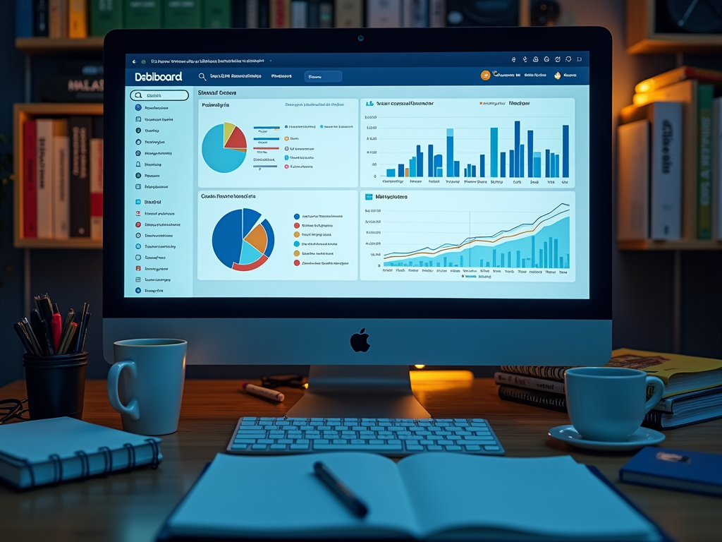 Computer screen displaying detailed analytical graphs and charts, set on a desk surrounded by stationery and books.