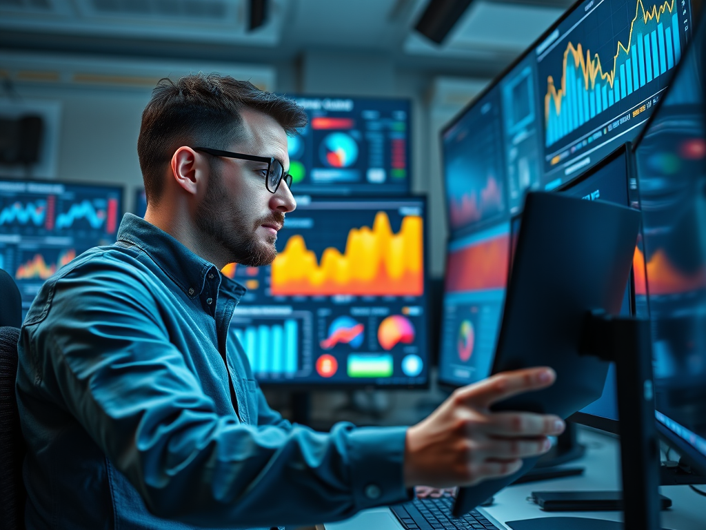 A focused man analyzes data on multiple screens in a modern control room filled with graphs and statistics.