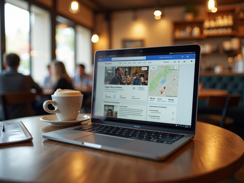 Laptop showing a map open in a browser beside a cup of coffee in a busy cafe.