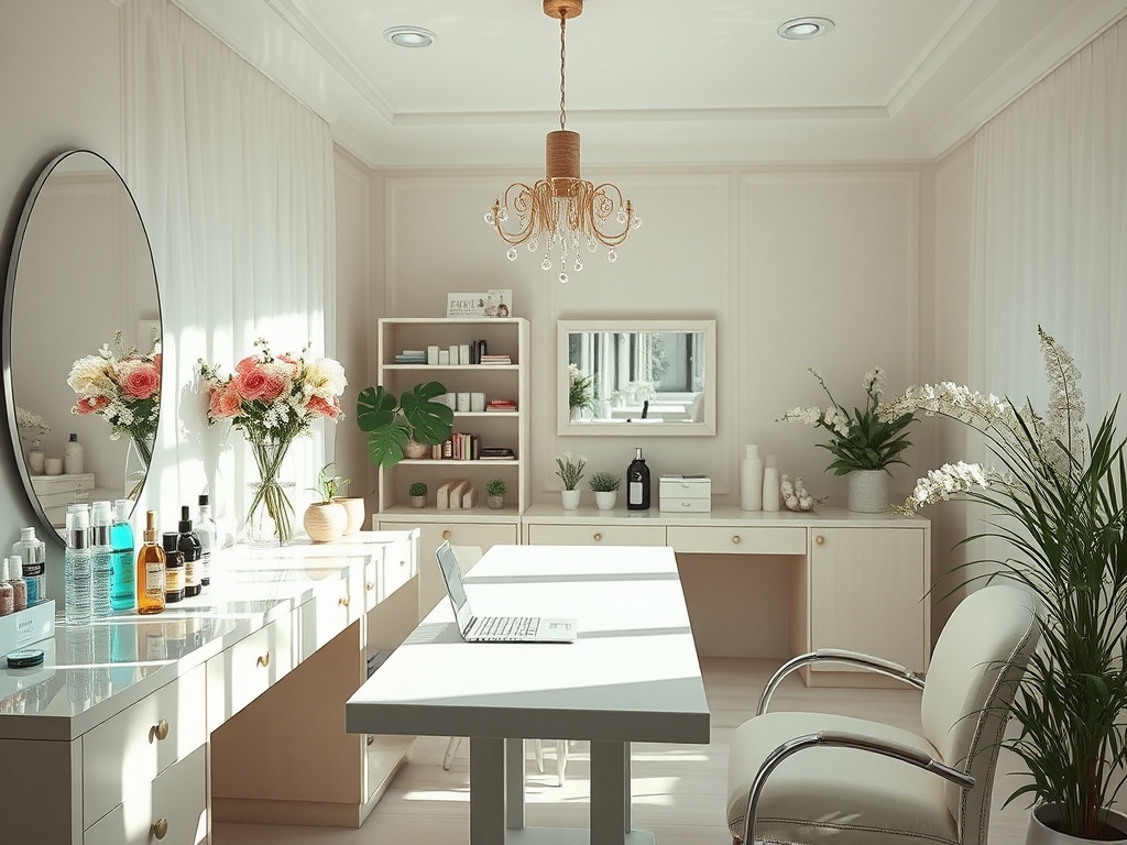 A bright and stylish interior of a beauty salon with flowers, a large mirror, and a minimalist desk setup.