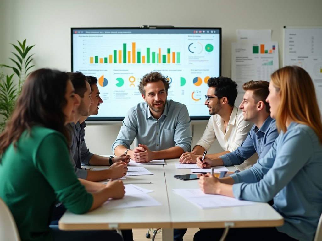 Diverse team discussing data on a screen in a modern office setting.