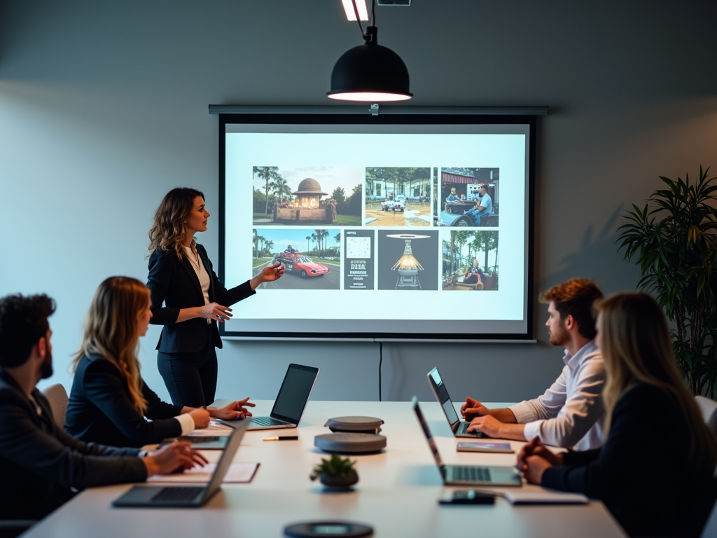 Woman presents to colleagues in a meeting room with slides projected behind her.