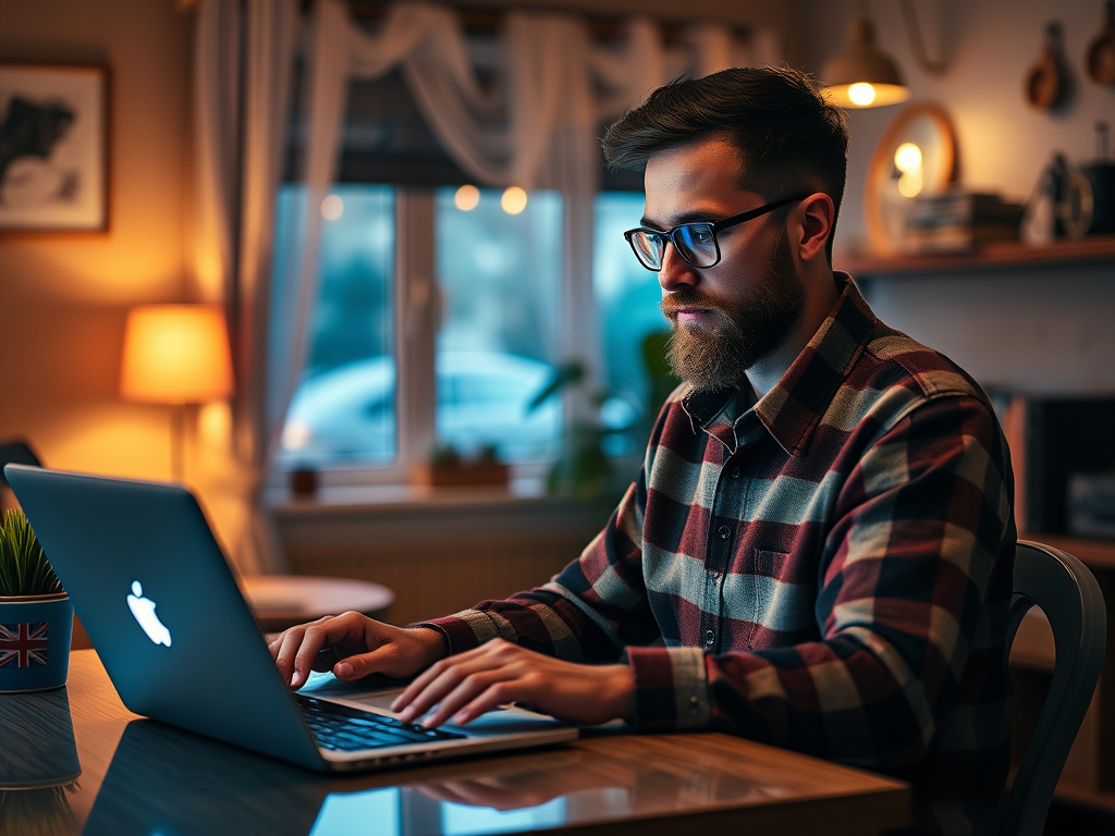 A man with glasses types on a laptop in a cozy, warmly lit room with a window and plants around him.
