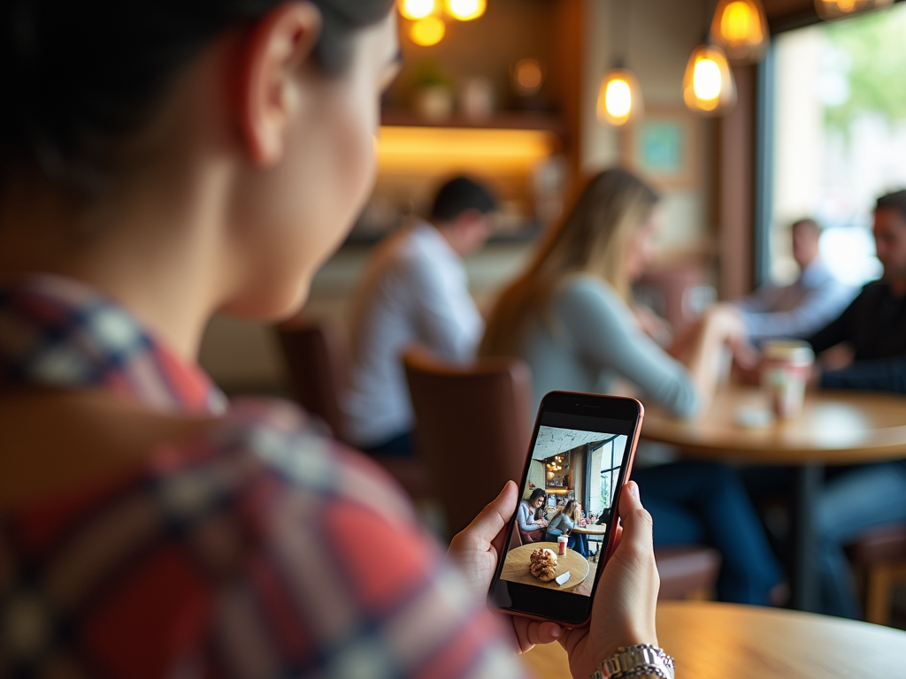 A woman takes a photo of friends at a café, showing coffee and pastries on a table in a lively setting.