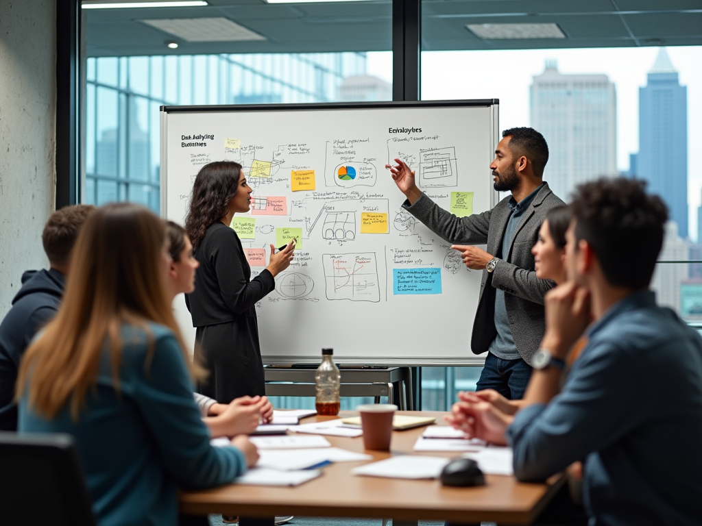 Two professionals discussing business strategies on a whiteboard in a meeting room with colleagues.