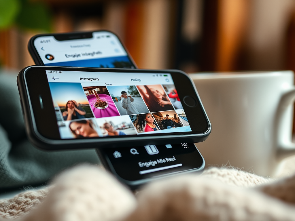 Two smartphones display social media content, with a steaming cup nearby, suggesting a relaxed browsing session.