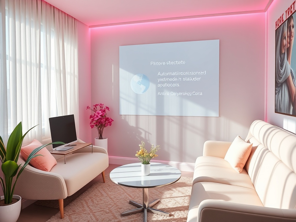 A modern living room with soft lighting, a computer, a coffee table, and pink flowers by the window.