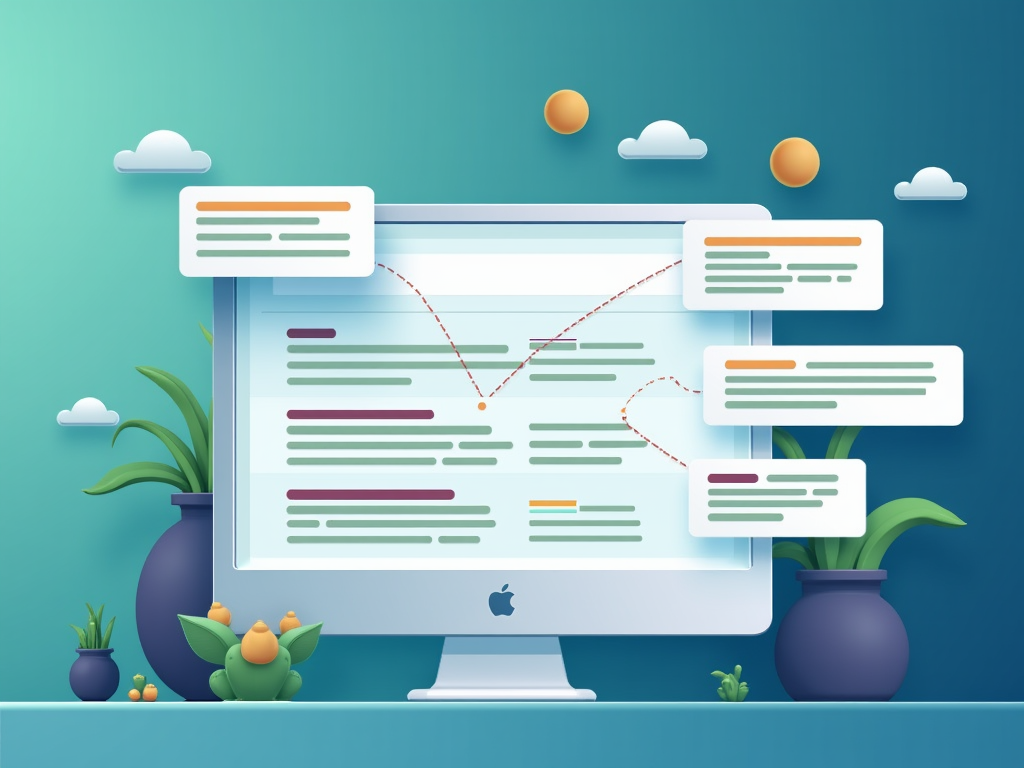 Illustration of a computer displaying graphs with floating chat boxes and minimalist decorative plants.