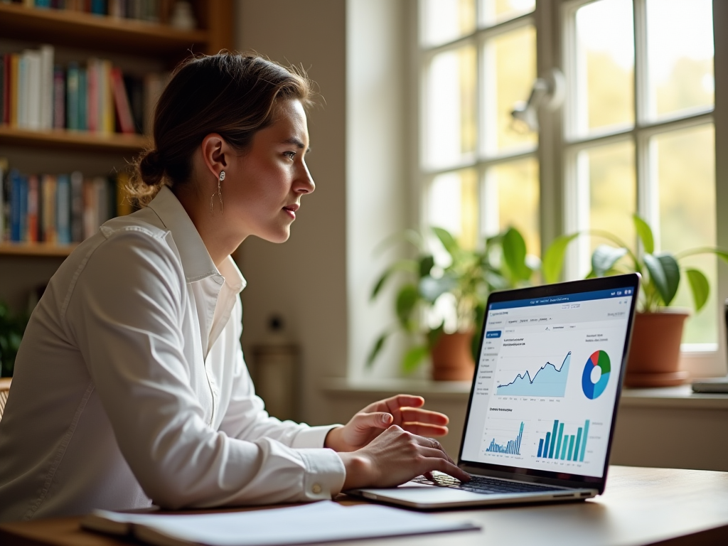 Woman analyzing financial data on laptop at a desk with sunny window background.