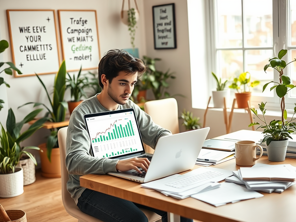 A young man works on a laptop with a graph on the screen, surrounded by plants and scattered papers in a bright room.