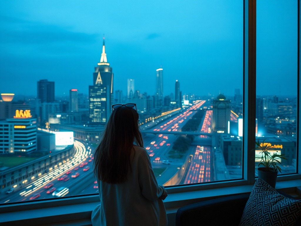A person gazes out a window at a skyline, illuminated buildings, and busy streets during twilight.