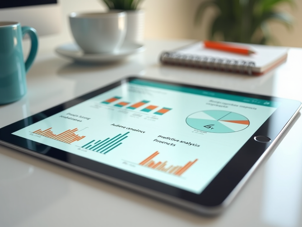 Tablet on a desk displaying colorful charts and graphs for business analytics.