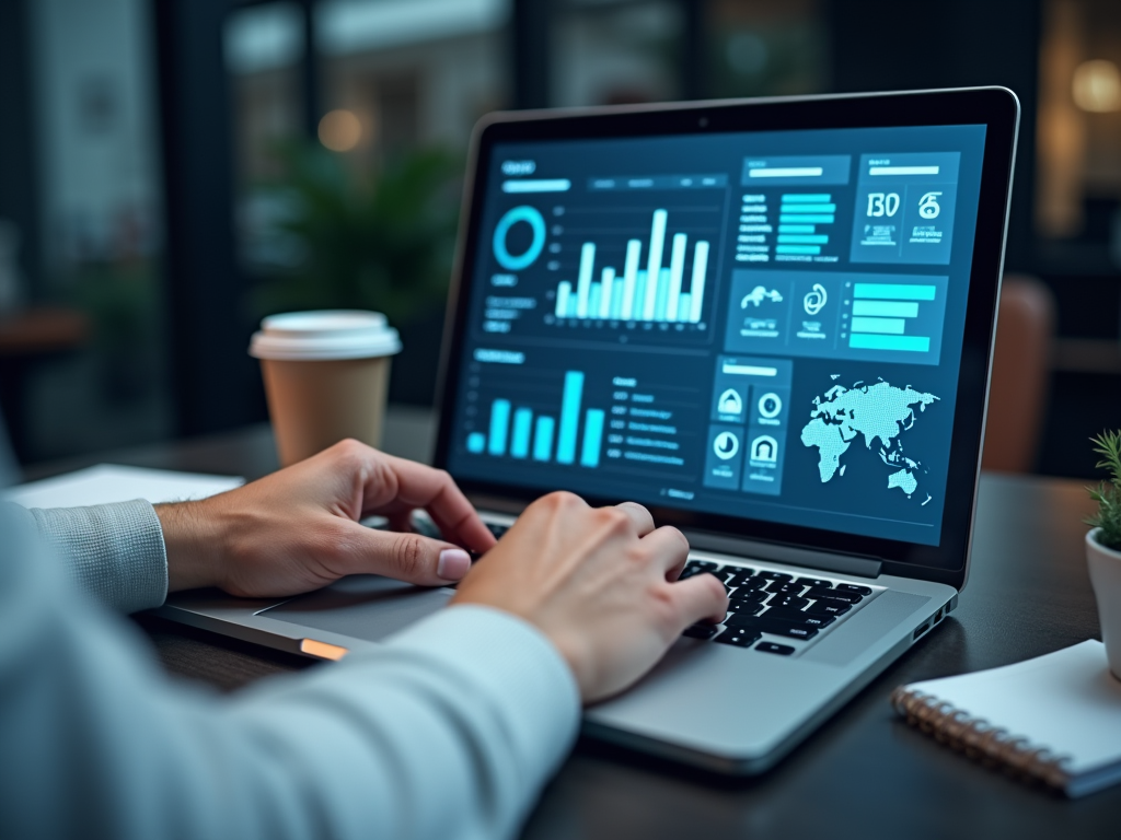 Person analyzing financial data on a laptop screen with various charts and global map.