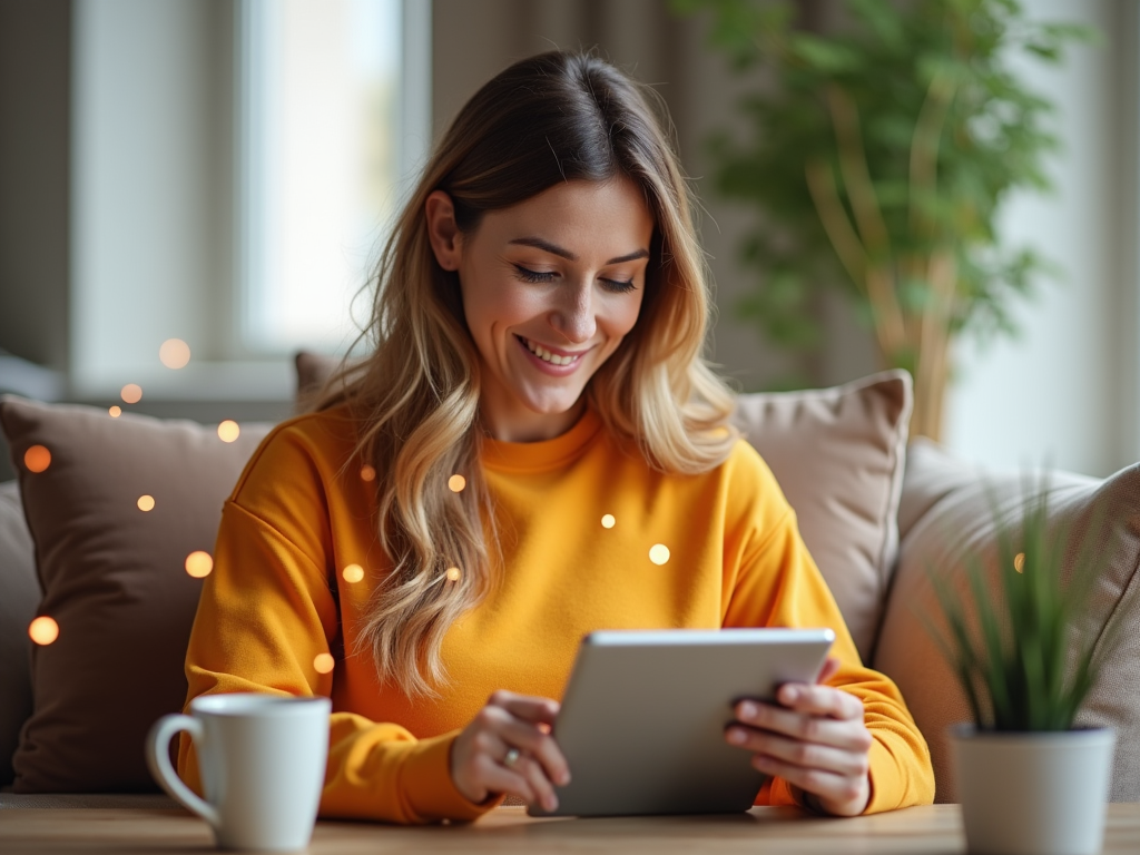 Woman in yellow sweater smiling while using a tablet, sitting in a cozy living room with soft lights.