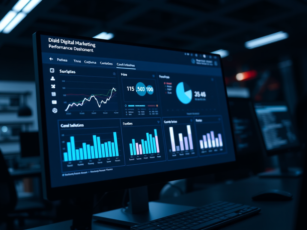 A digital marketing performance dashboard displaying various graphs and statistics on a computer screen in a dimly lit office.