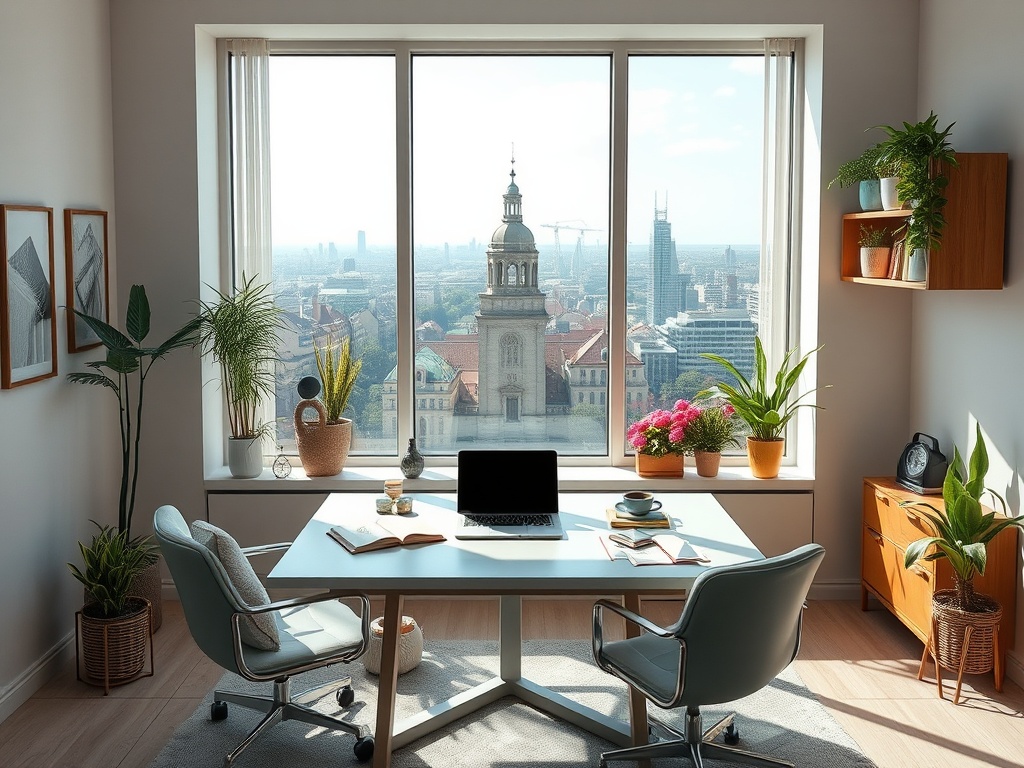 A bright office with a view of a city skyline features plants, a desk, and chairs, creating a modern workspace.