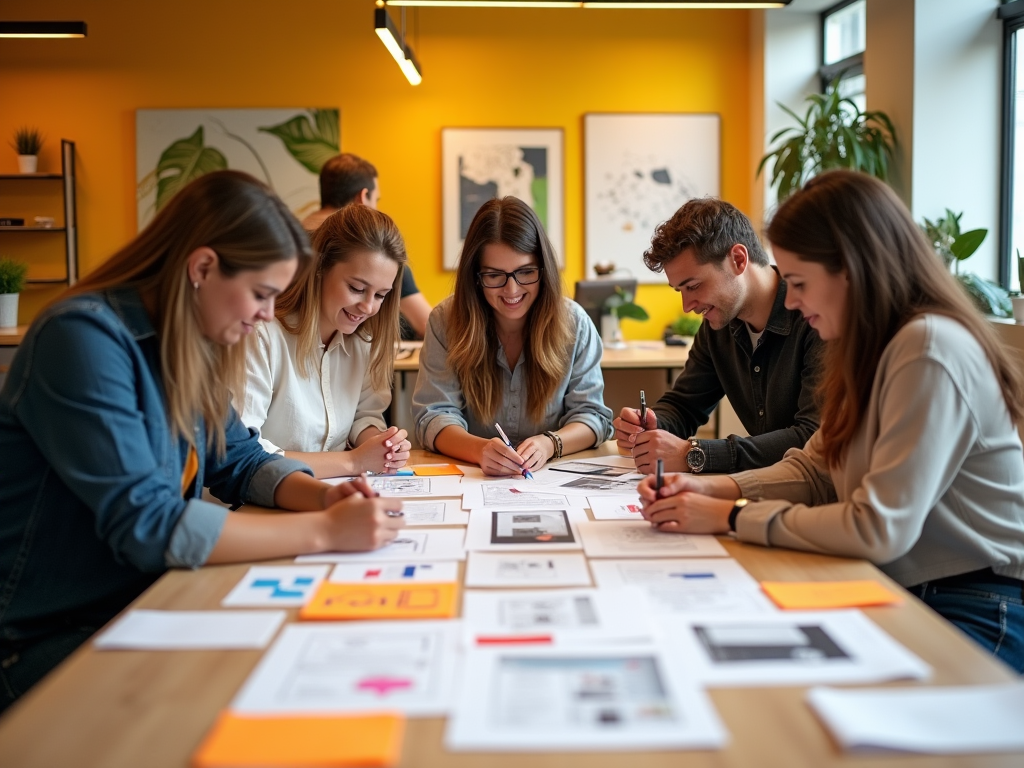 Five people collaborate over documents at a brightly lit office table.