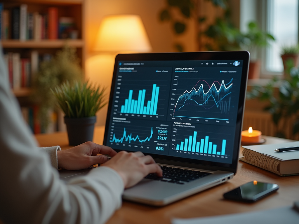 Person analyzing financial graphs on a laptop in a cozy home office setting.