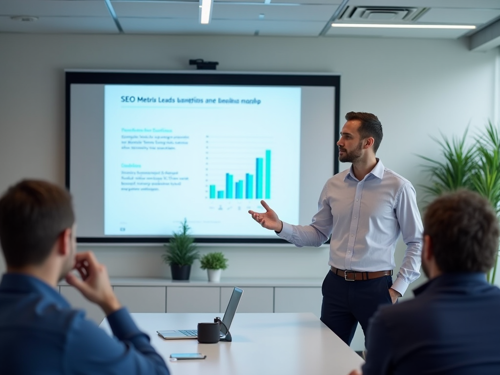 Businessman presenting a bar graph on SEO metrics to colleagues in a modern office.