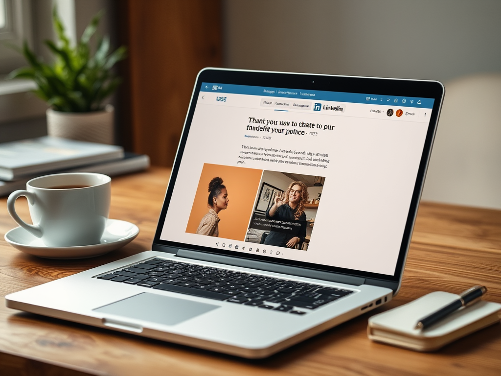 A laptop displays a LinkedIn article, with a cup of coffee and a notepad on a wooden table.