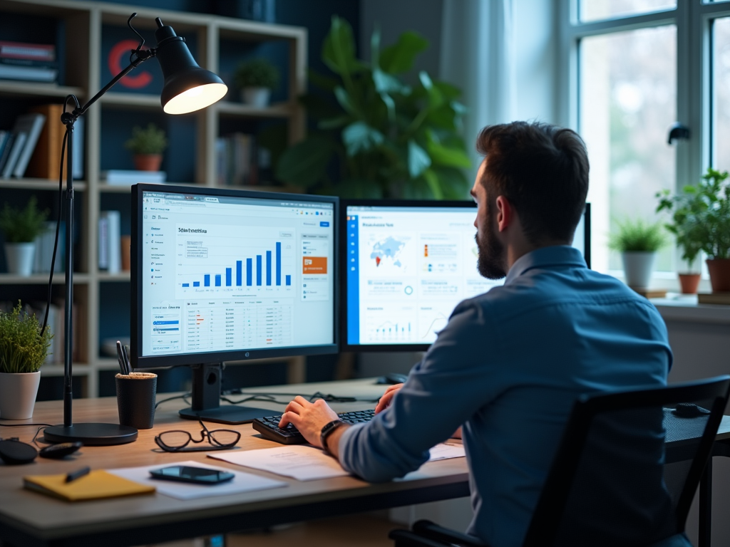 Man in blue shirt analyzing data on dual computer monitors in a well-lit office space.