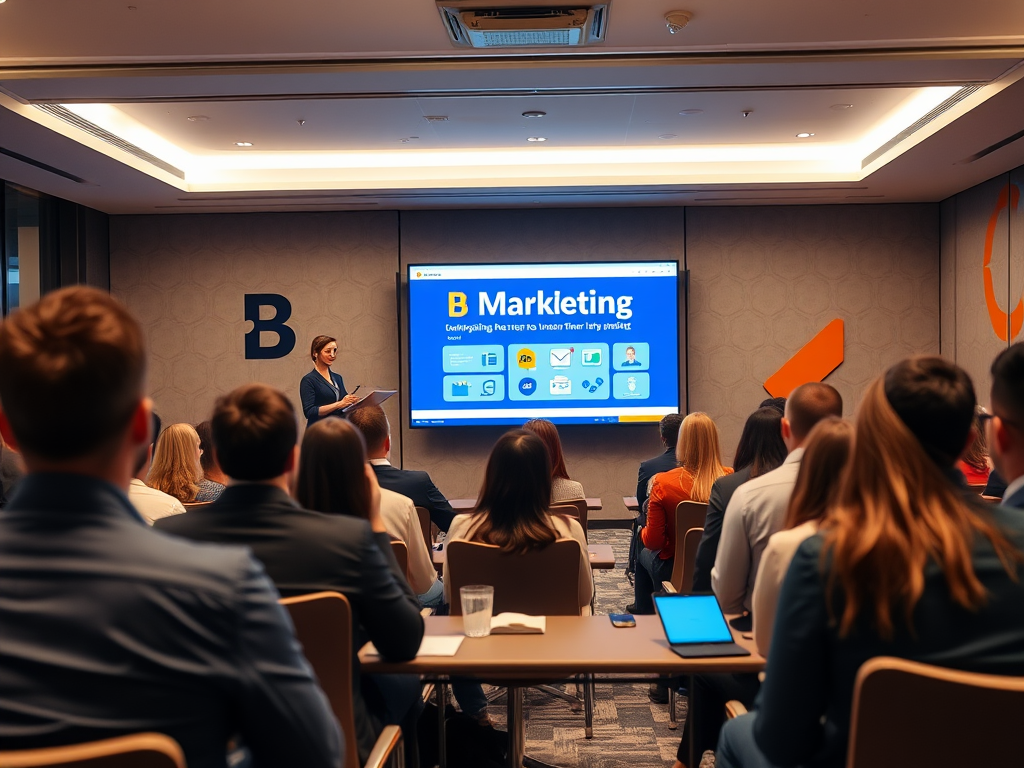 A presenter speaks at a conference while attendees listen. A screen displays "B Marketing" and related graphics.