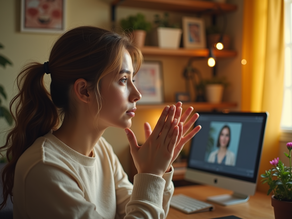 A young woman sits at a desk, thoughtfully looking at a computer screen, with plants and warm lighting around her.