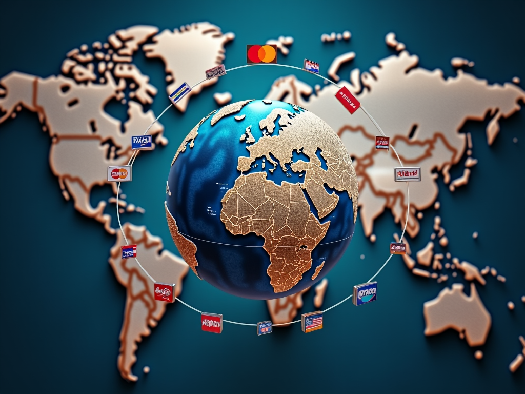 3D globe with flag pins and company logos linked to different countries on a stylized map background.