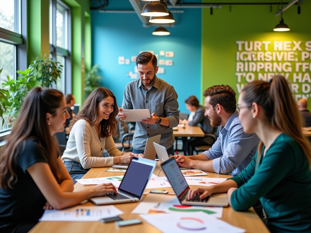 A young team collaborates around a table with laptops and documents in a vibrant office.