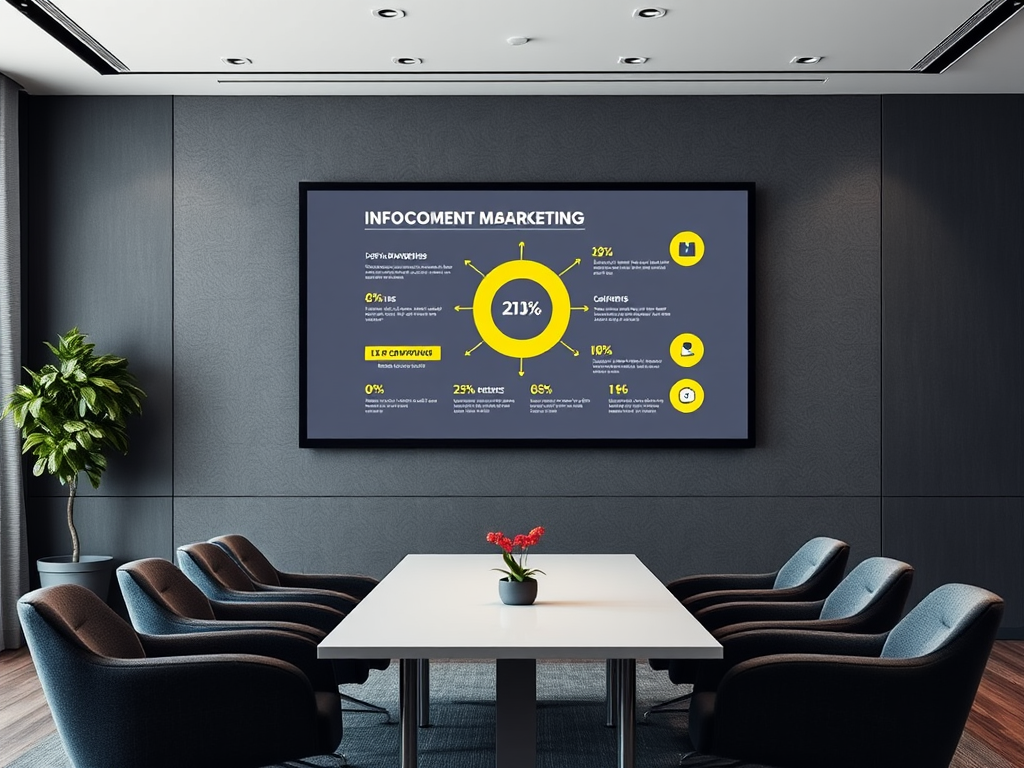 A modern conference room with a large screen showing infographics on marketing performance and statistics.